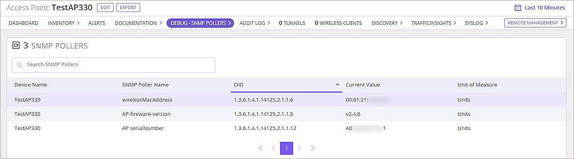 Screenshot of the SNMP Poller page in Auvik with additional pollers